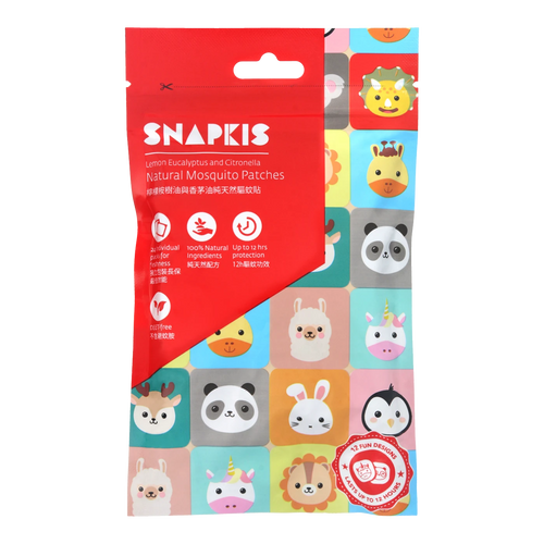Snapkis Official Natural Mosquito Repellent Patches with 12 fun animal designs, DEET-free, 100% natural ingredients.