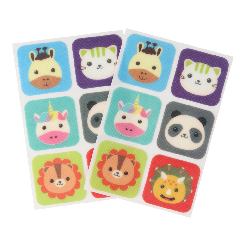 Snapkis Official Natural Mosquito Repellent Patches featuring cute animal designs: giraffe, cat, unicorn, panda, lion, and dinosaur.