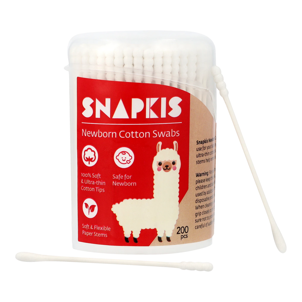Snapkis Newborn Cotton Swabs with ultra-thin cotton tips and flexible paper stems, 200 pcs.