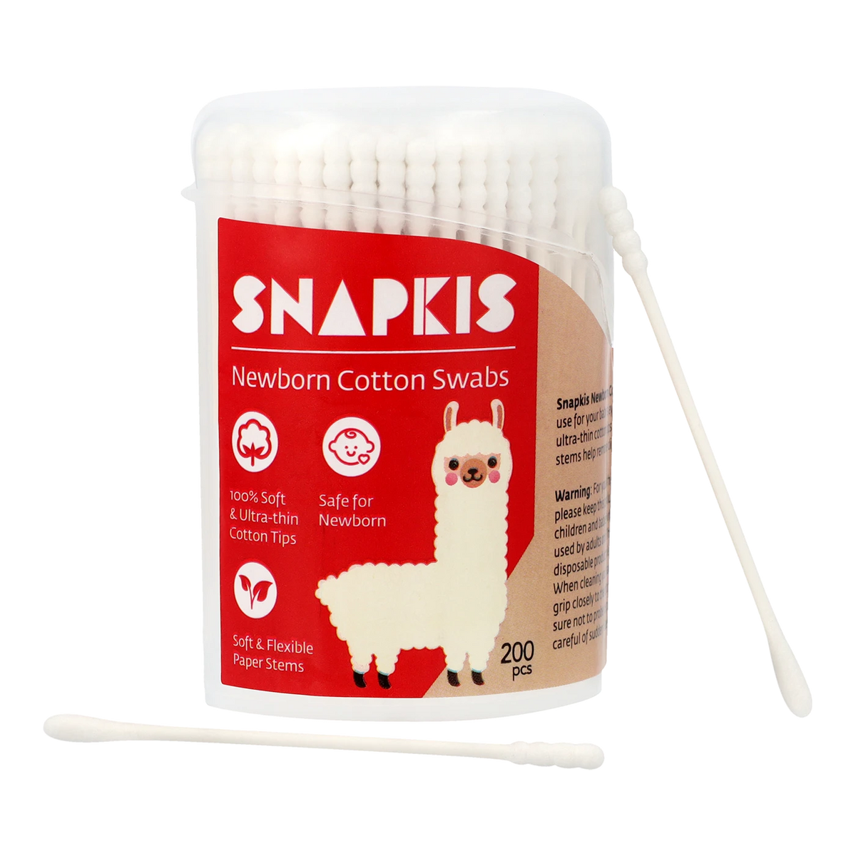 Snapkis Newborn Cotton Swabs with ultra-thin cotton tips and flexible paper stems, 200 pcs.