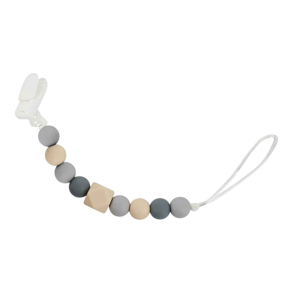 Snapkis Official silicone teether and pacifier clip with grey, beige, and dark grey beads and a white clasp.