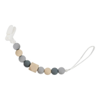 Snapkis Official silicone teether and pacifier clip with grey, beige, and dark grey beads and a white clasp.