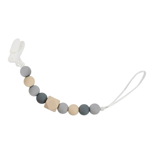 Snapkis Official silicone teether and pacifier clip with grey, beige, and dark grey beads and a white clasp.