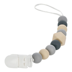 Snapkis Official silicone teether and pacifier clip with grey, beige, and navy beads and a white clasp.