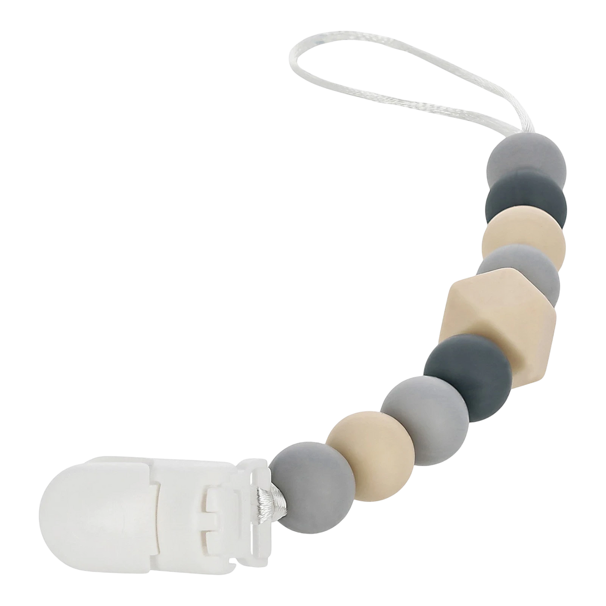 Snapkis Official silicone teether and pacifier clip with grey, beige, and navy beads and a white clasp.