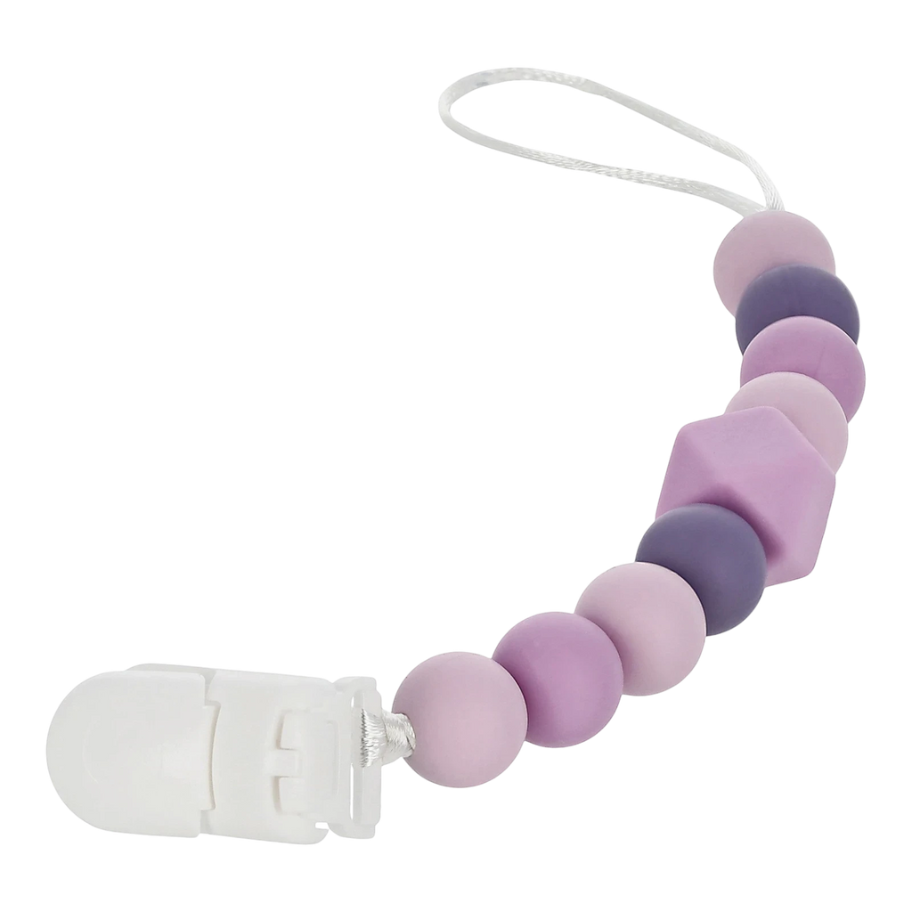 Snapkis Official silicone teether and pacifier clip with purple and lavender beads and a white clasp.