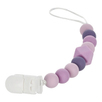 Snapkis Official silicone teether and pacifier clip with purple and lavender beads and a white clasp.