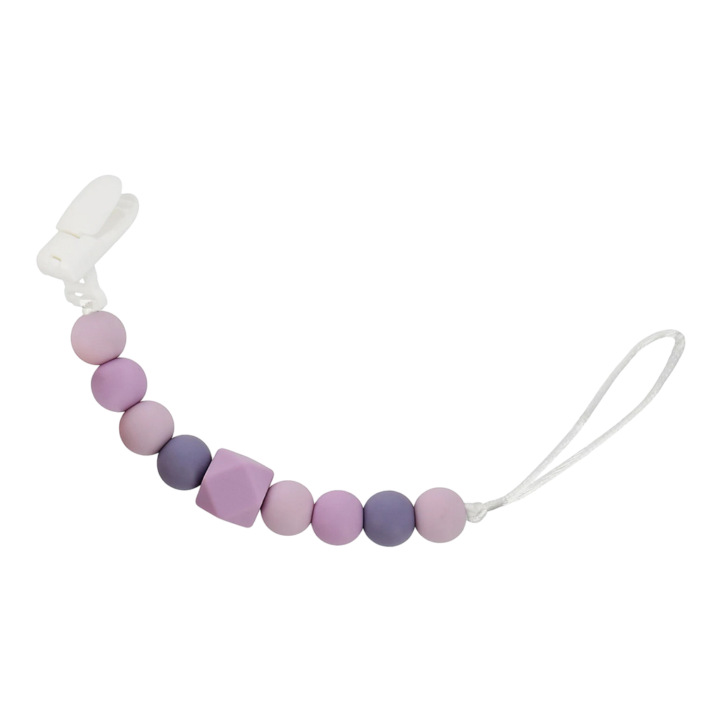 Snapkis Official silicone teether and pacifier clip with purple and lilac beads and a white clasp.