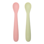 Snapkis Official pink and light green silicone weaning spoons with rounded ends and ergonomic handles.