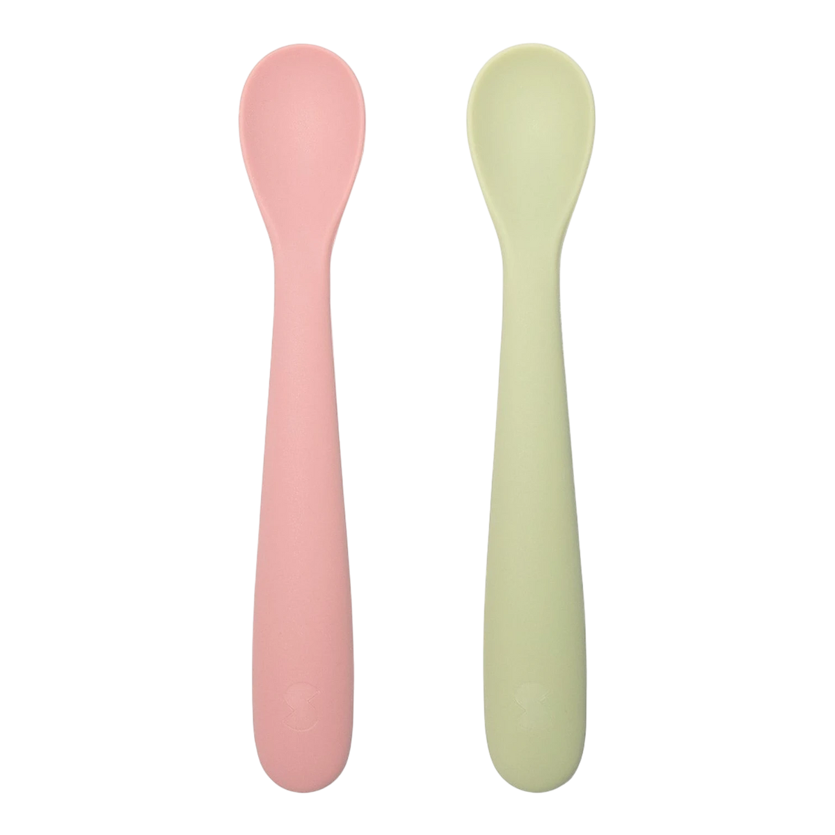 Snapkis Official pink and light green silicone weaning spoons with rounded ends and ergonomic handles.